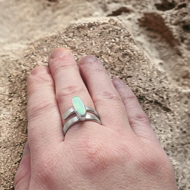 Opal Doublet and Sterling Silver Ring with stone texture showing the greens